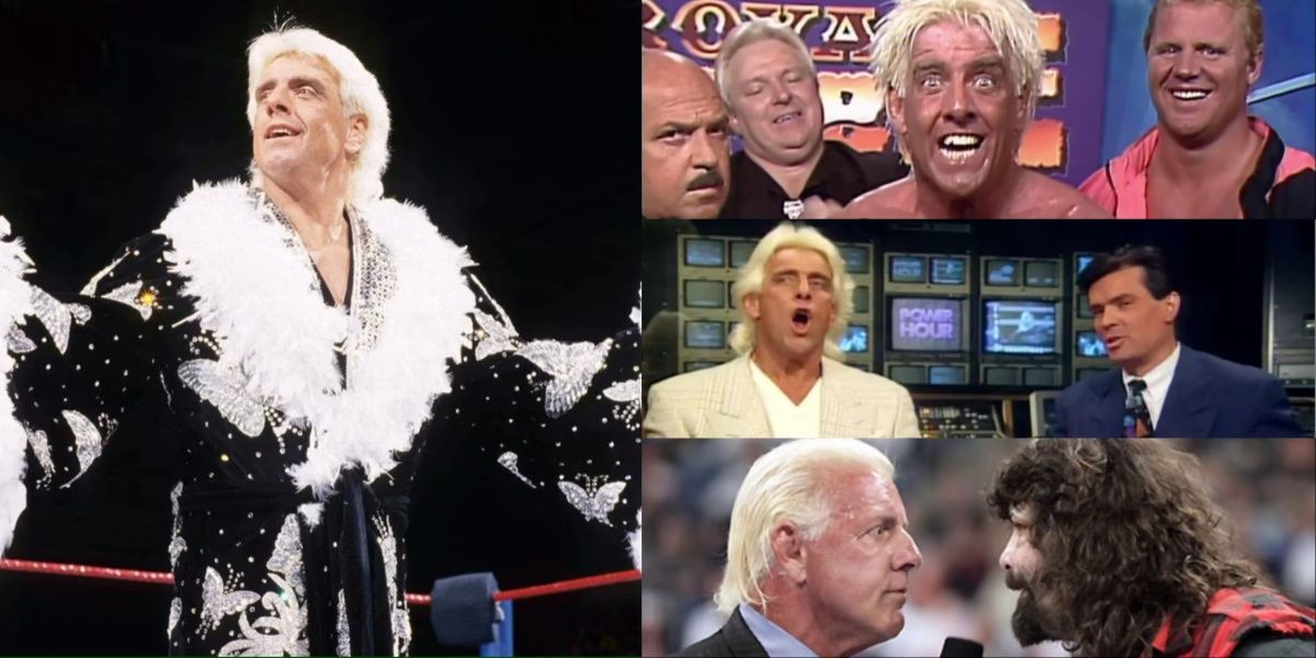 Ric Flair at the Royal Rumble, beside Eric Bischoff, squaring off against Mick Foley