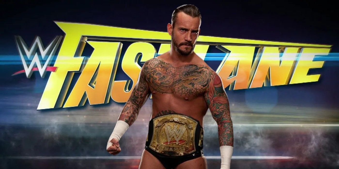 cm punk wearing the wwe title in front of the fastlane logo