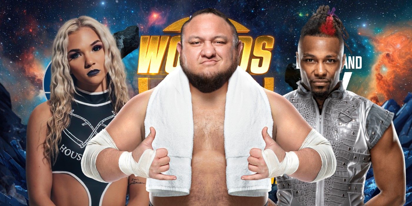 julia hart samoa joe and swerve strickland in front of the world's end logo
