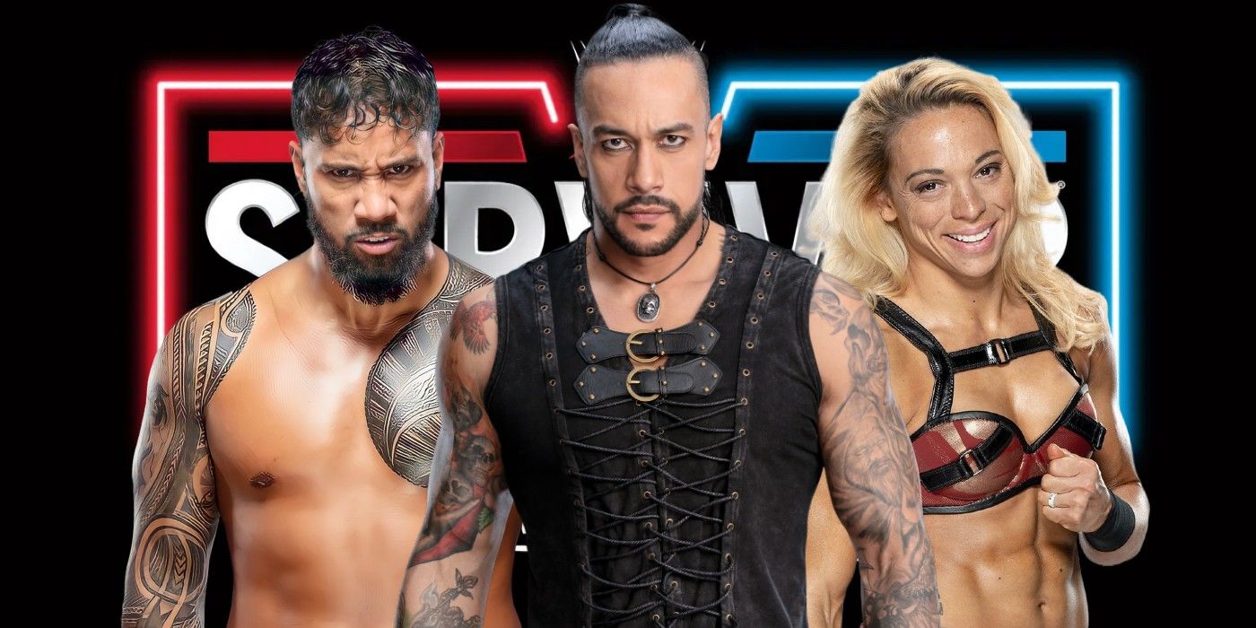 jey uso damian priest and zoey stark on the survivor series wargames logo