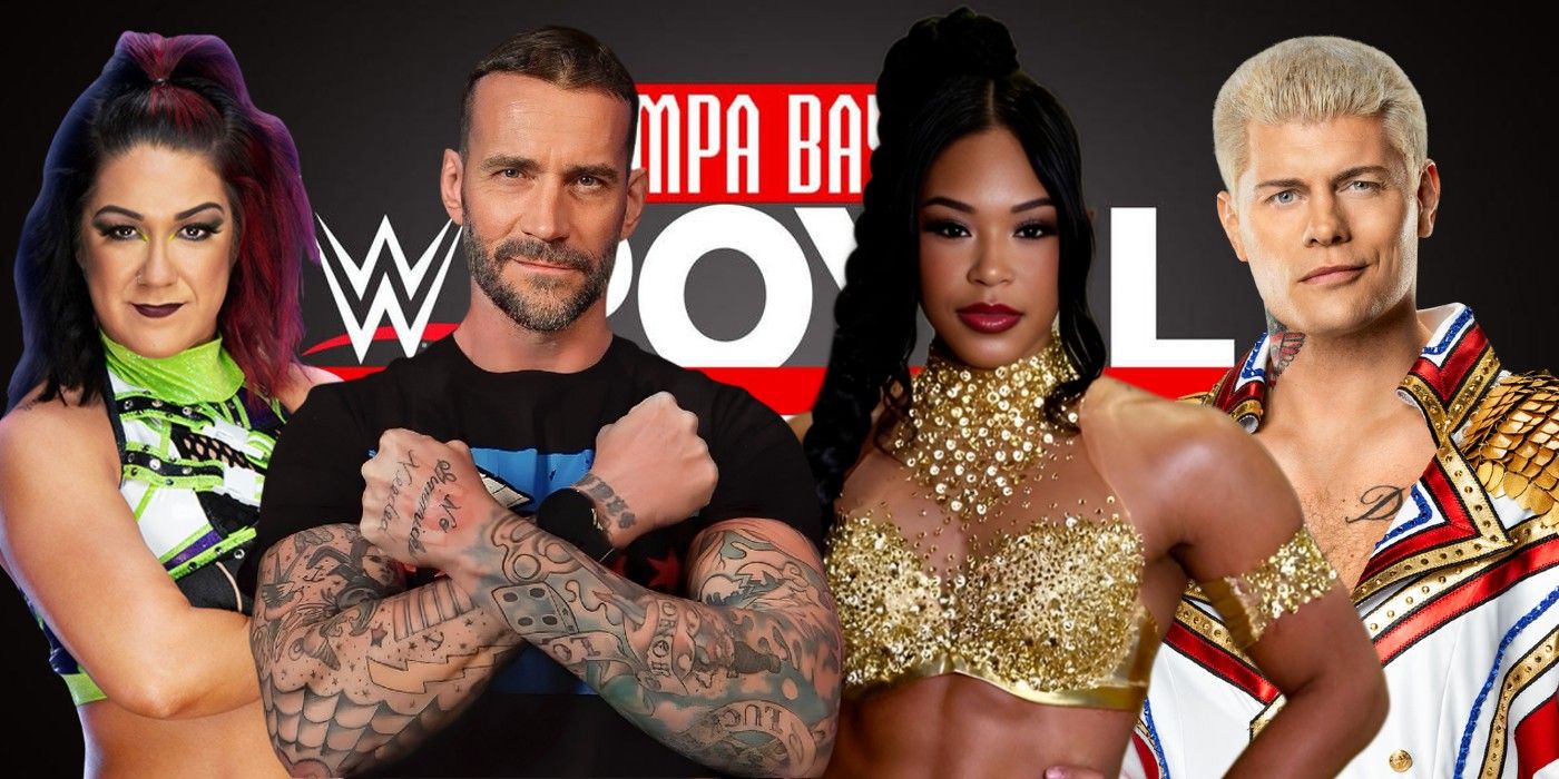 bayley cm punk bianca belair and cody rhodes on the royal rumble logo