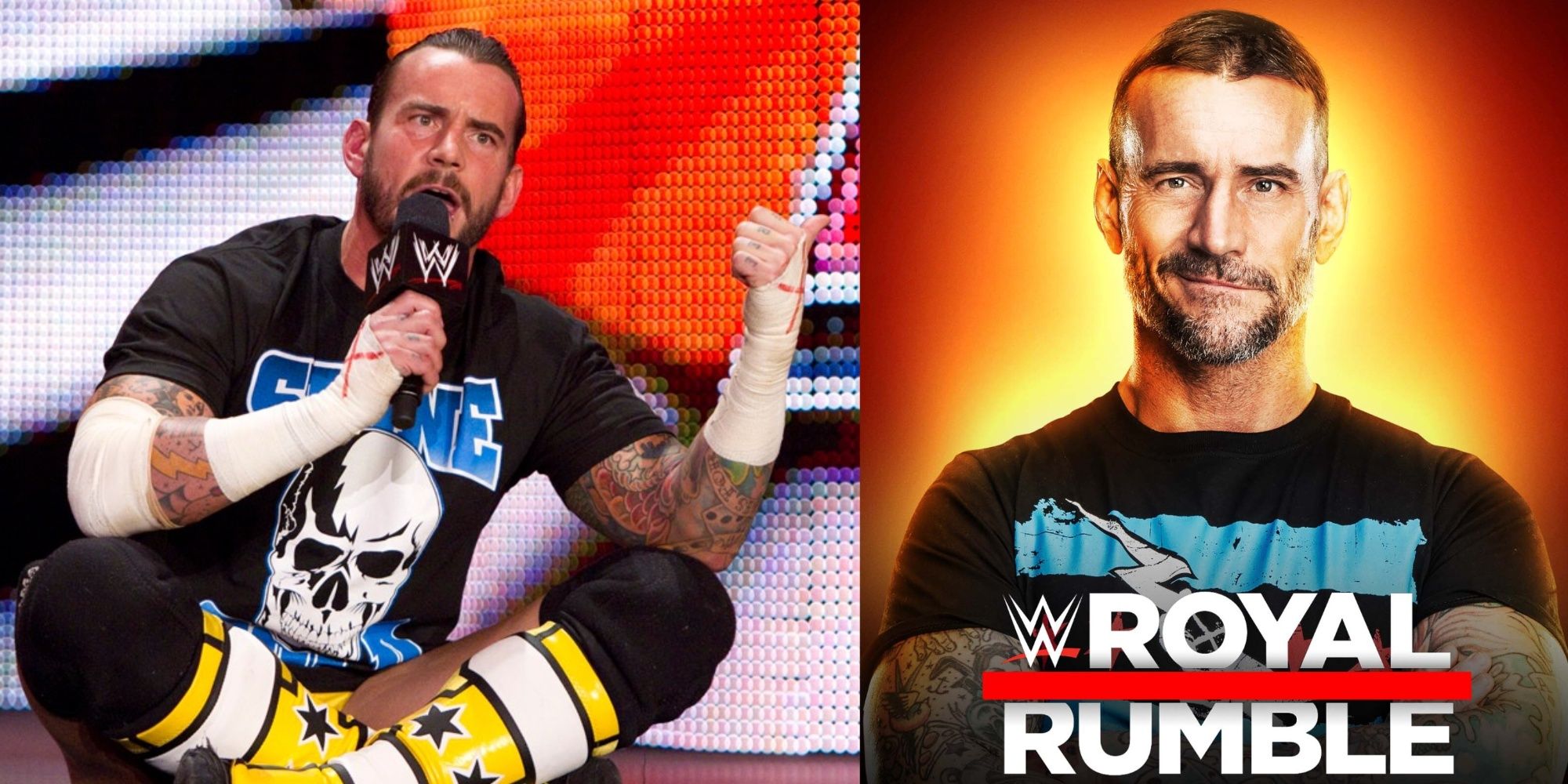 cm punk cutting his pipebomb promo, and in a 2024 royal rumble graphic