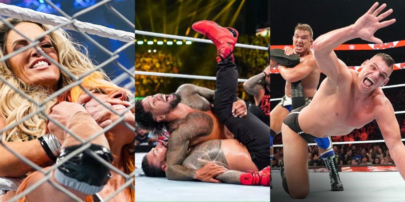 trish stratus and becky lynch in a cage, jey uso pinning roman reigns, and chad gable with gunther in an ankle lock