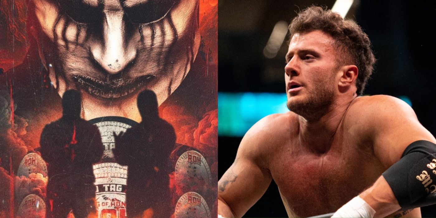 devils's masked men in front of the roh tag titles, and mjf leaning on the ropes