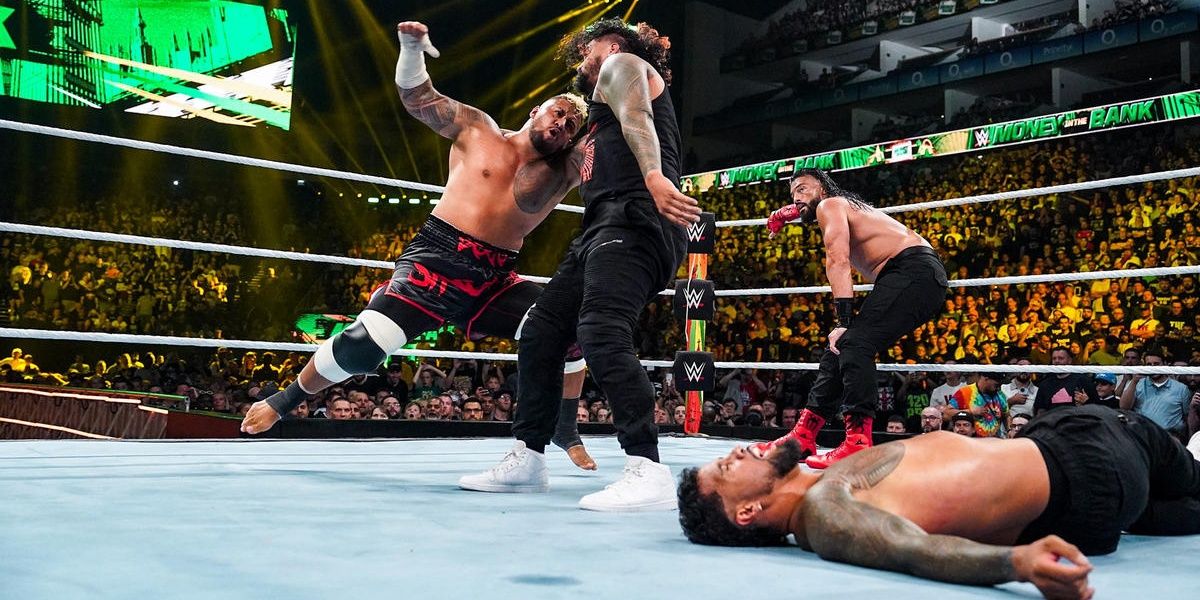 Roman Reigns & Solo Sikoa v The Usos Money in the Bank 2023  Cropped