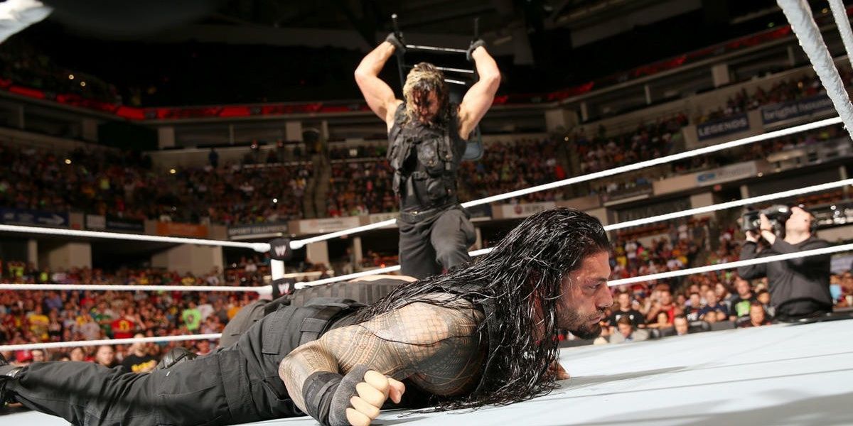 Seth Rollins attacks Roman Reigns Raw June 2, 2014 Cropped
