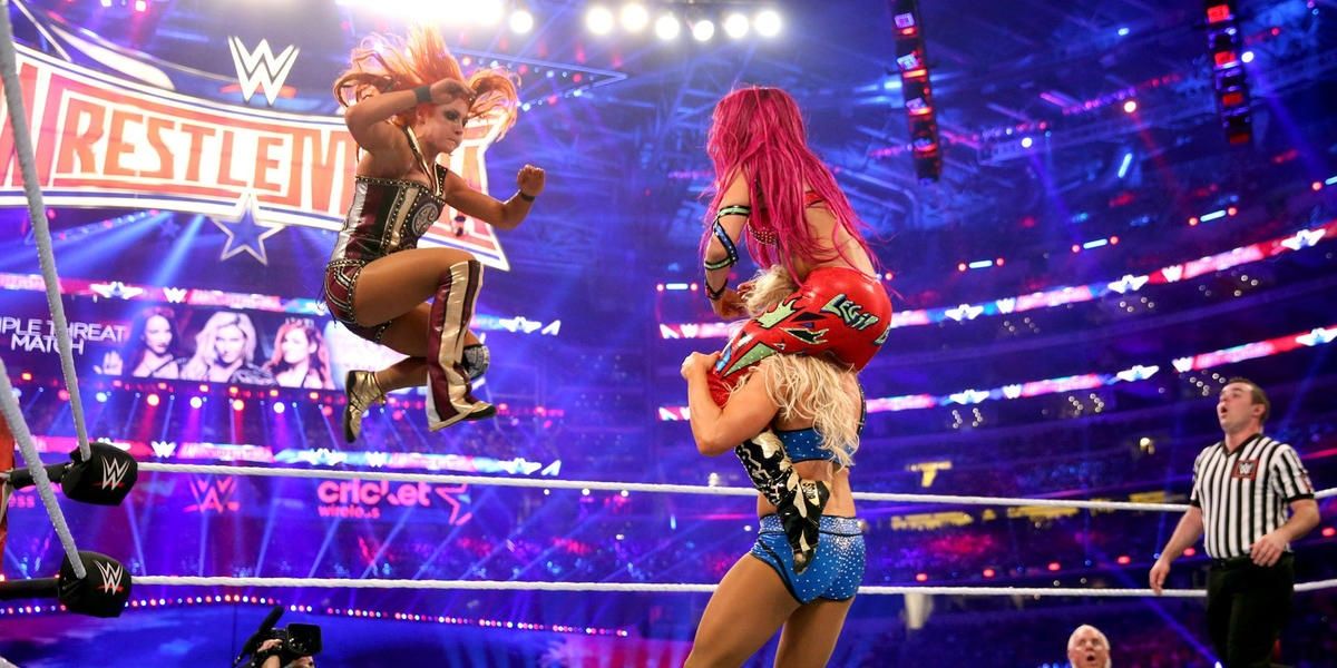 Charlotte Flair v Sasha Banks v Becky Lynch WWE Women's Championship match WrestleMania 32  Cropped