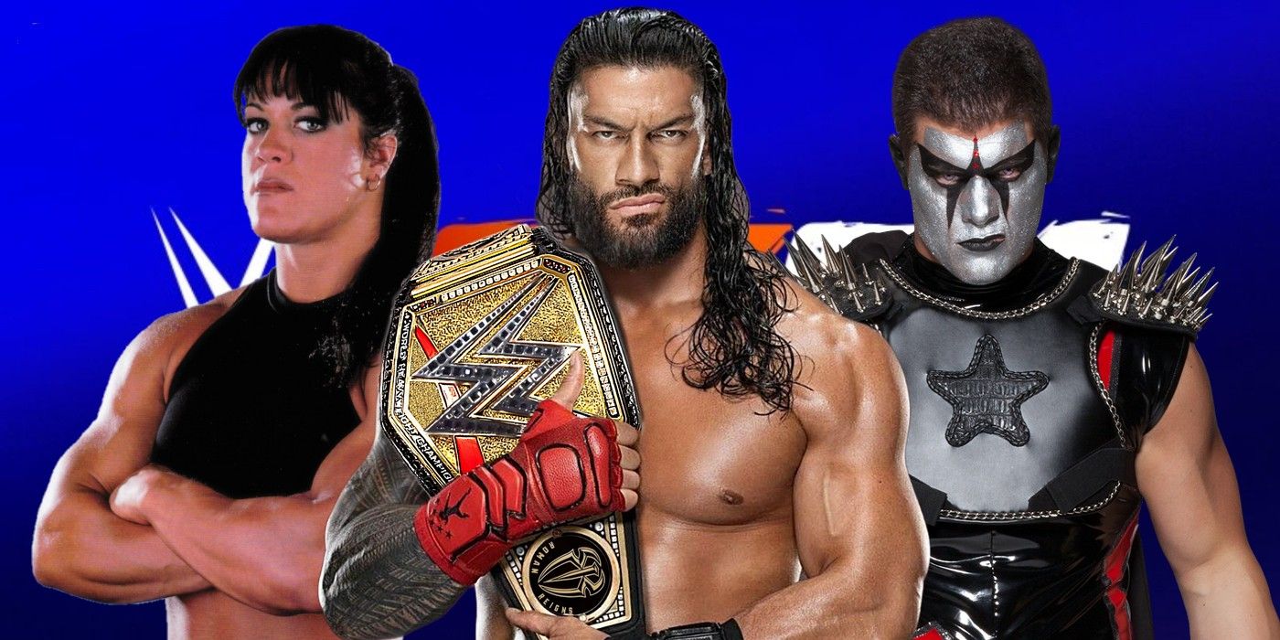 chyna roman reigns and stardust in front of the wwe 2k24 logo