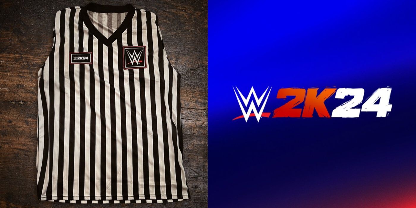 wwe 2k24 sleeveless referee shirt, and the wwe 2k24 logo
