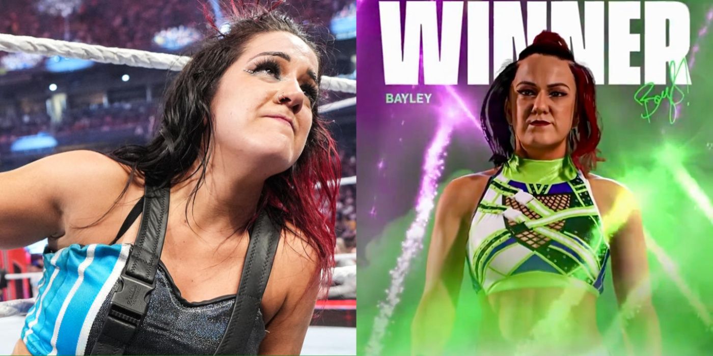 bayley on the apron, and bayley's in-game character model in wwe 2k24