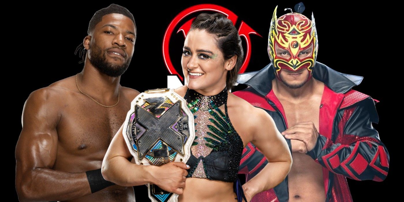 trick williams lyra valkyria and dragon lee on the nxt vengeance day logo