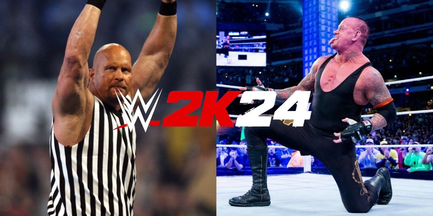 wwe 2k24 logo on stone cold as a referee and the undertaker posing at wrestlemania