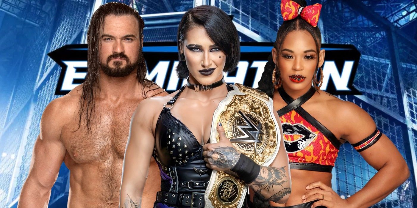 drew mcintyre rhea ripley and bianca belair on an elimination chamber background