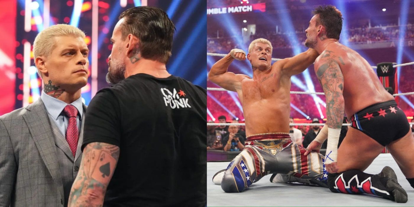 cm punk and cody rhodes face to face, and wrestling in the rumble