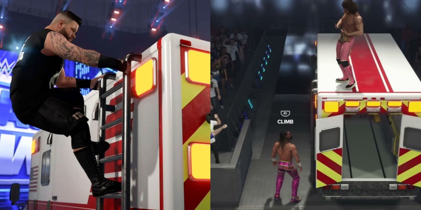 kevin owens climbing an ambulance, and rick rude on an ambulance in wwe 2k24