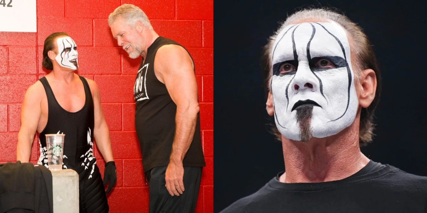 sting laughing with kevin nash, and a close up of sting's face