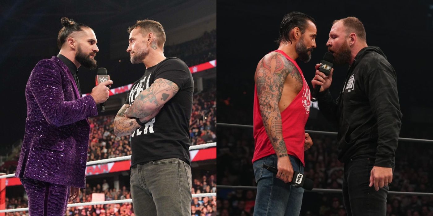cm punk with seth rollins, and cm punk with jon moxley