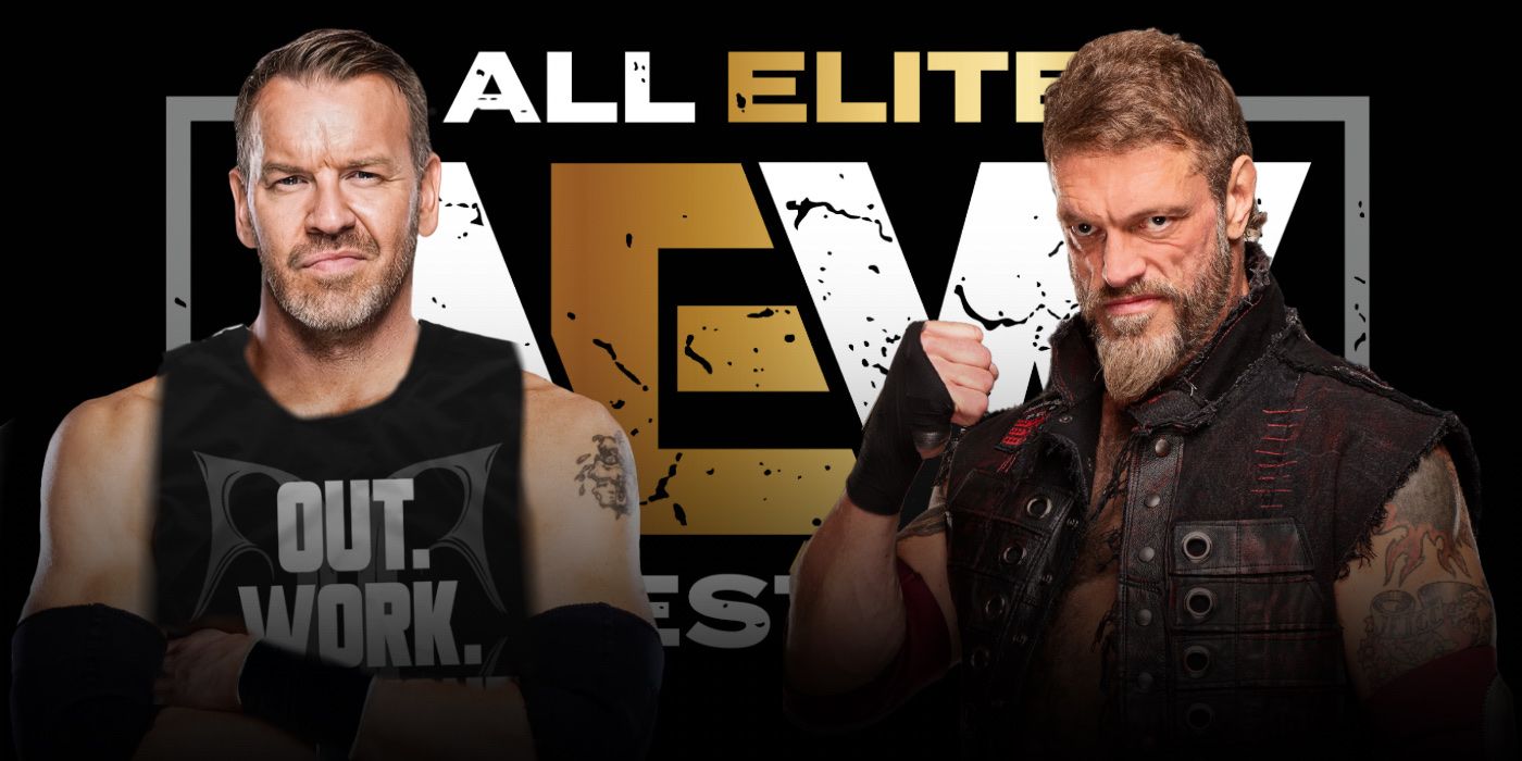 Christian Cage and Adam Copeland in front of AEW logo