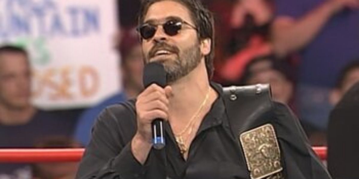 Vince Russo cutting a promo as WCW Champion.