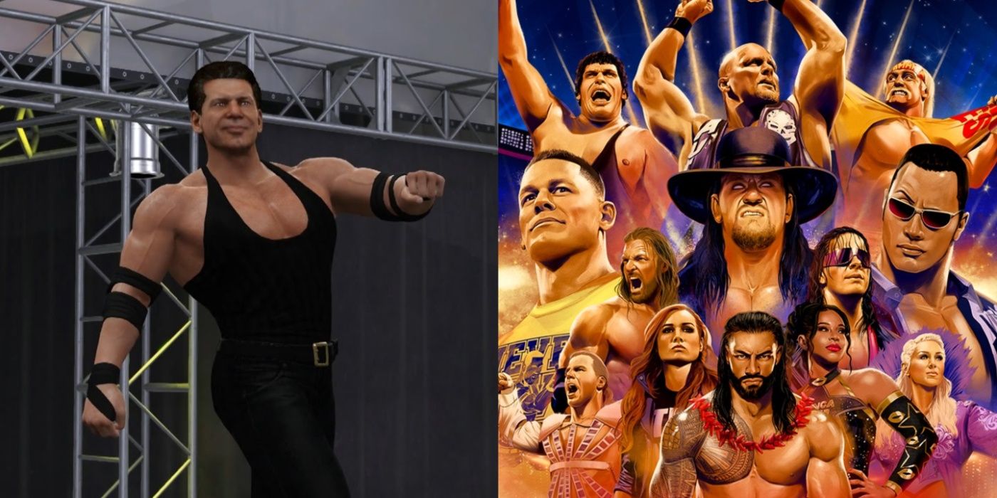 vince mcmahon in a wwe game, and wwe 2k24 40 years of wrestlemania cover art