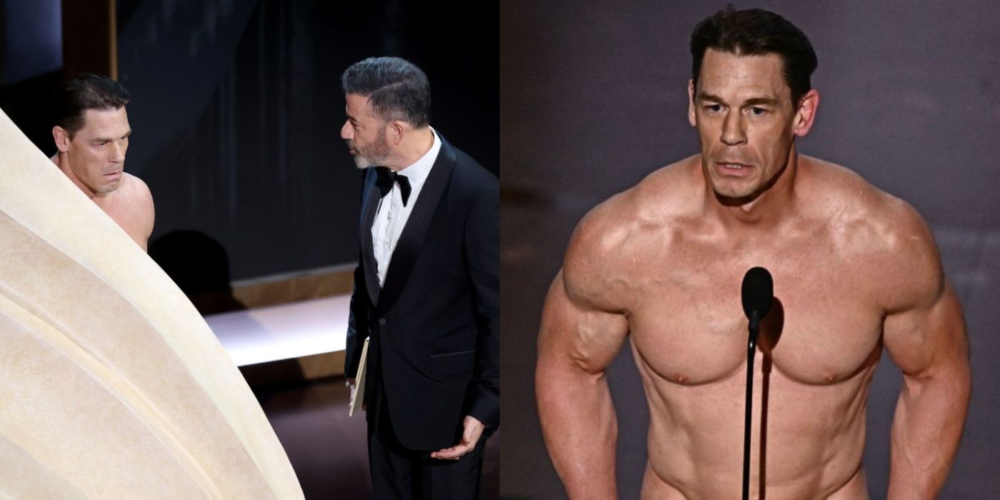 john cena at the oscars with jimmy kimmel, and on stage naked at the oscars