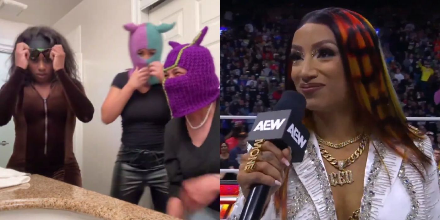 naomi bayley and tamina is disguises, and mercedes mone speaking on aew dynamite