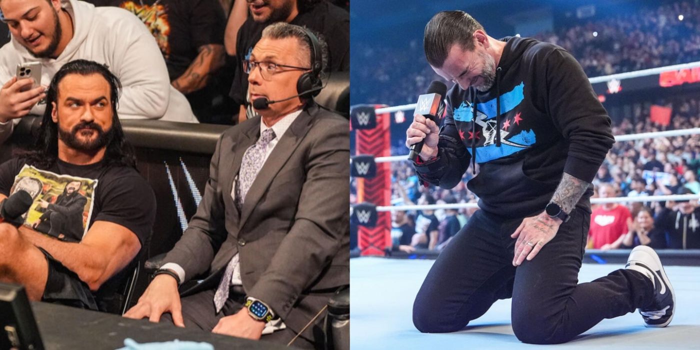 drew mcintyre looking at michael cole, and cm punk on his knees in the ring