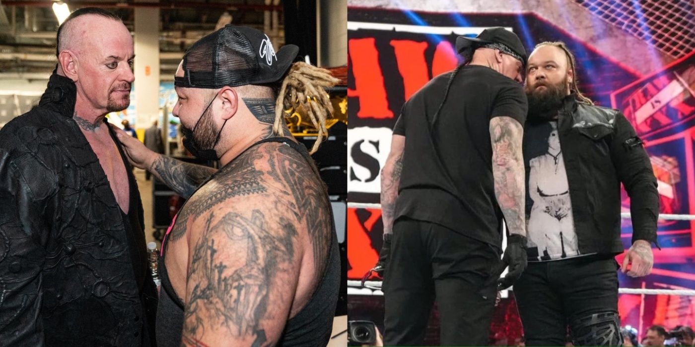 the undertaker backstage with bray wyatt, and whispering to wyatt in the ring