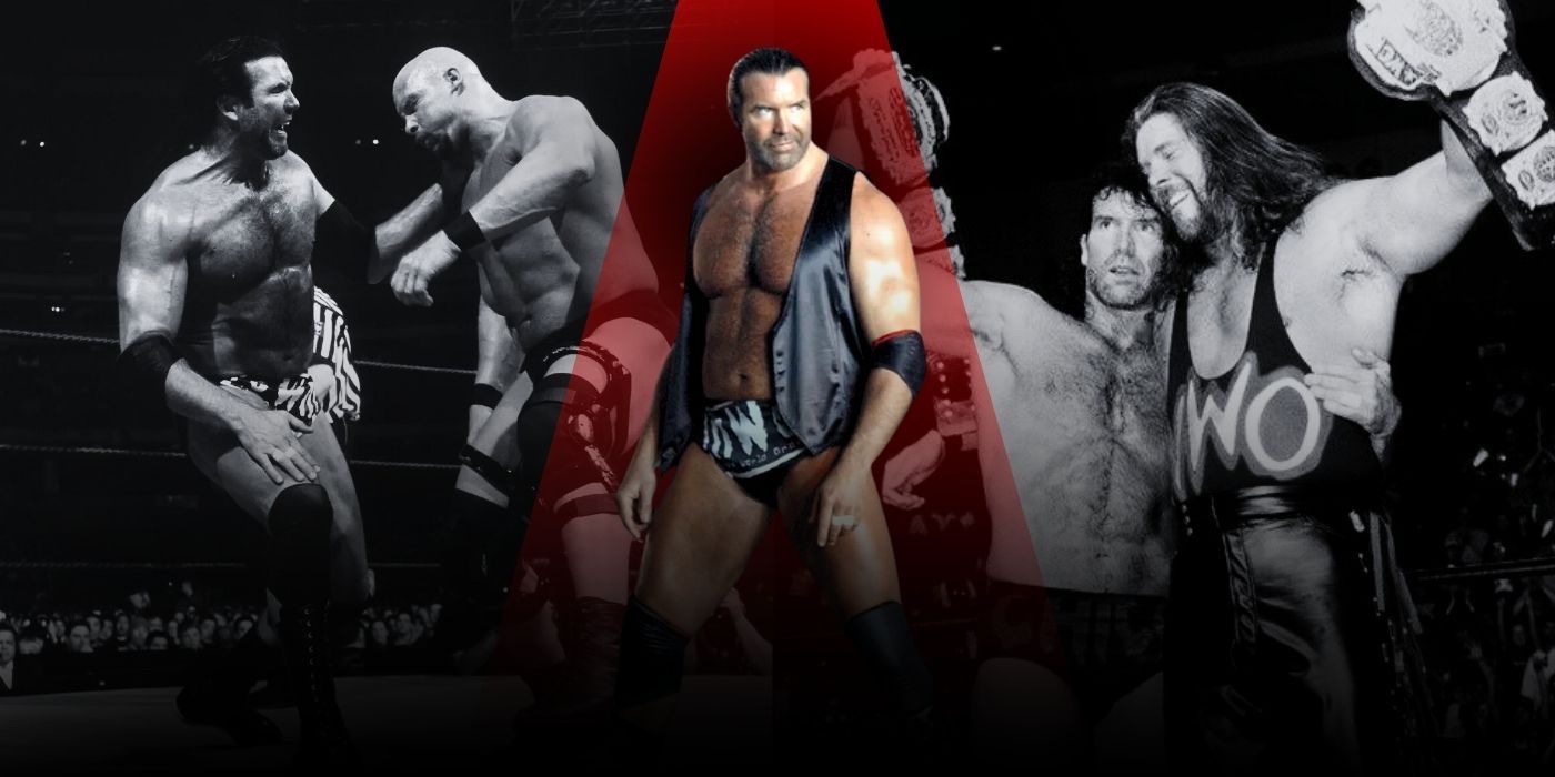 Scott Hall in the nWo, wrestling Steve Austin, and with Kevin Nash