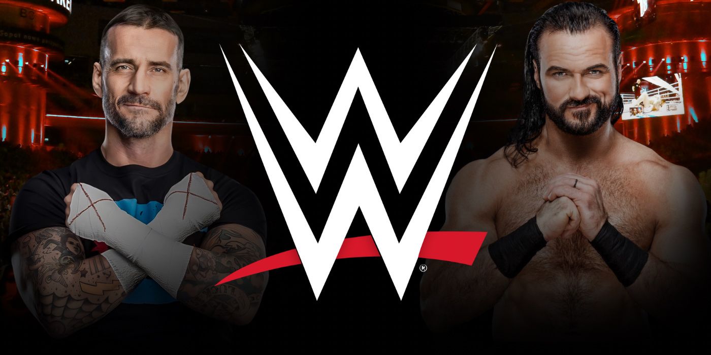 CM Punk and Drew McIntyre beside the WWE logo
