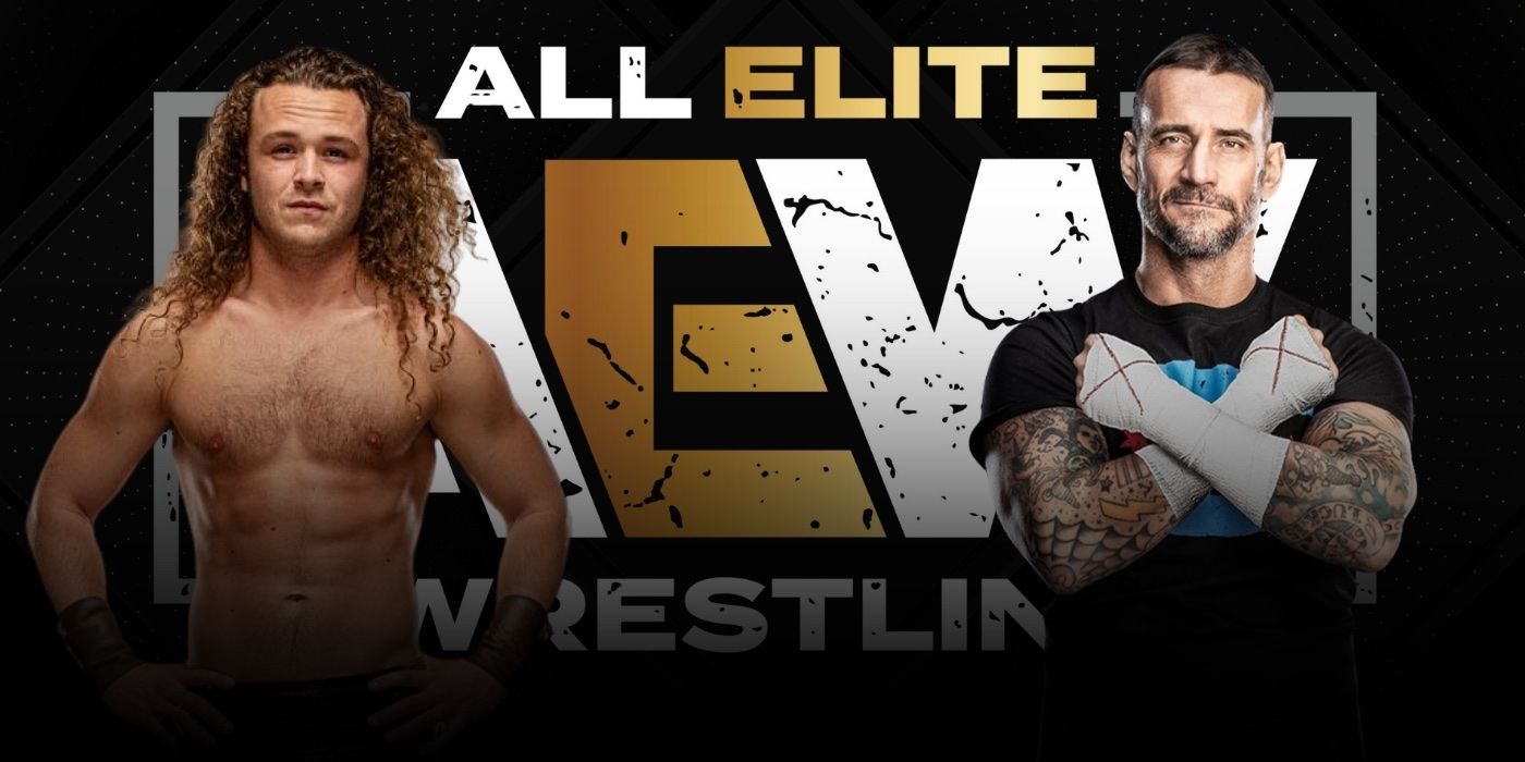 Jack Perry and CM Punk in front of AEW logo