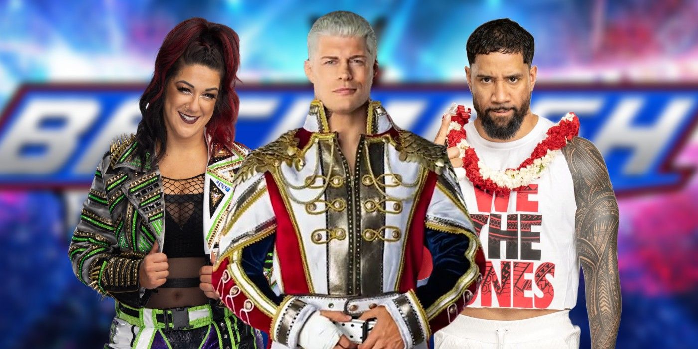 bayley cody rhodes and jey uso on a blurred backlash france background