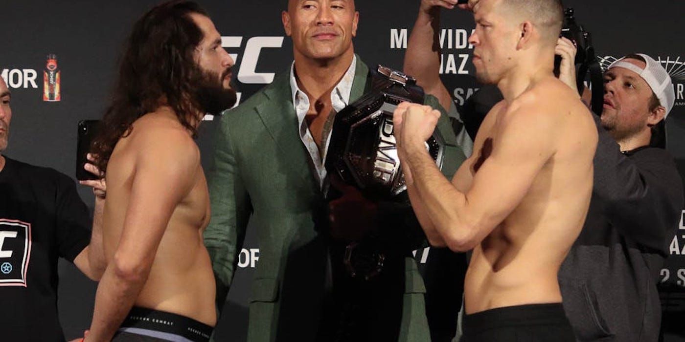 Nate Diaz and Jorge Masvidal face off with the Rock watching
