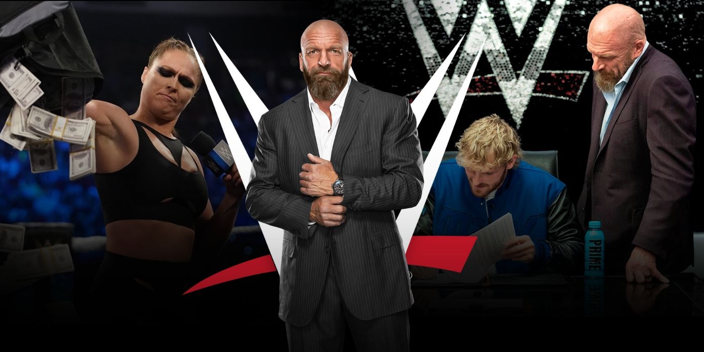 Ronda Rousey throwing money, Triple H in a suit, Logan Paul signing a contract