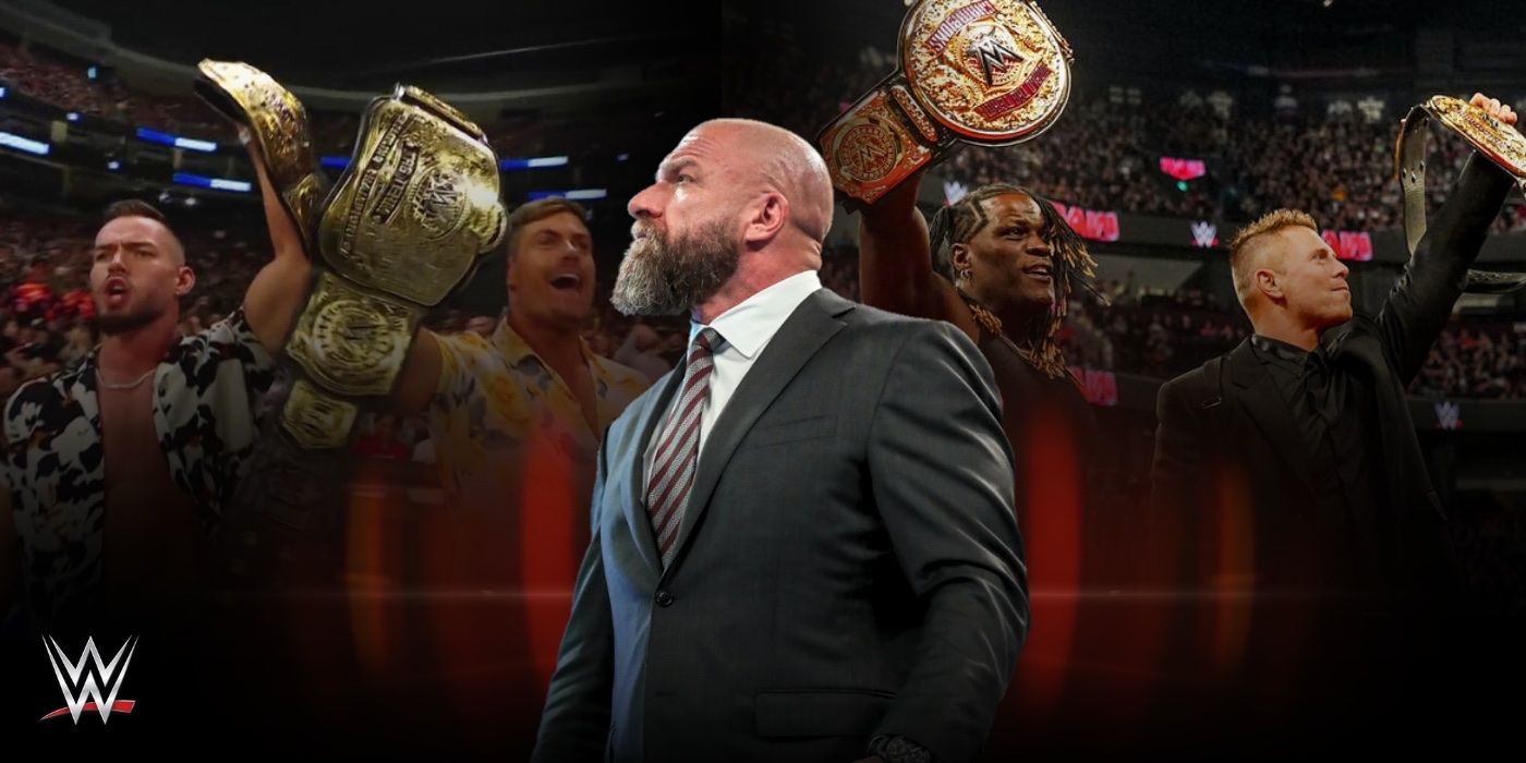 Triple H in a suit, A Town Down Under and Awesome Truth with their tag team championships