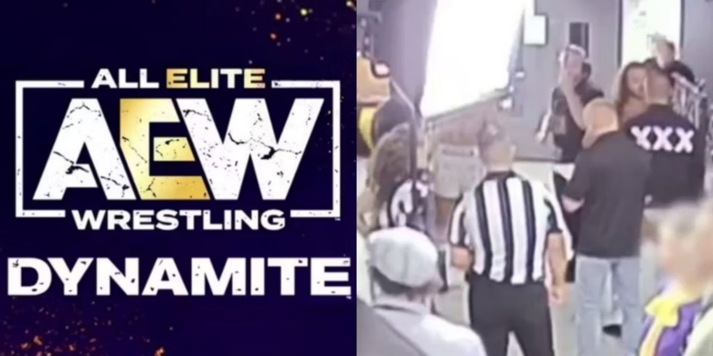 AEW Dynamite logo, CM Punk and Jack Perry fight at All In