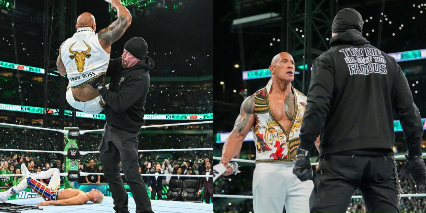 the undertaker confronting and chokeslamming the rock at wrestlemania 40