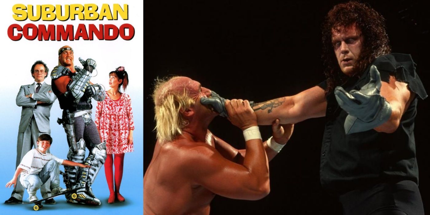 The poster for 'Suburban Commando', The Undertaker vs. Hulk Hogan in a WWE match