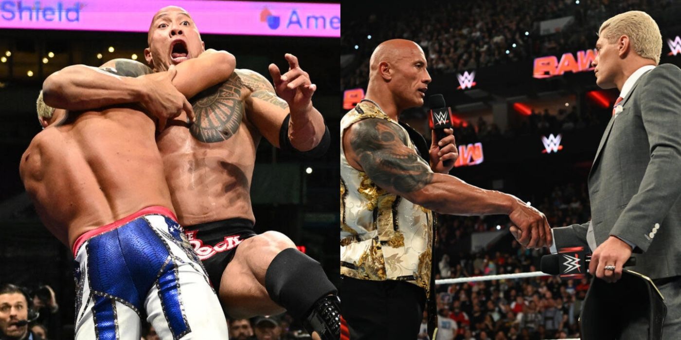 Cody Rhodes gives The Rock the Rock Bottom at WrestleMania 40, The Rock hands something to Cody Rhodes on WWE Raw