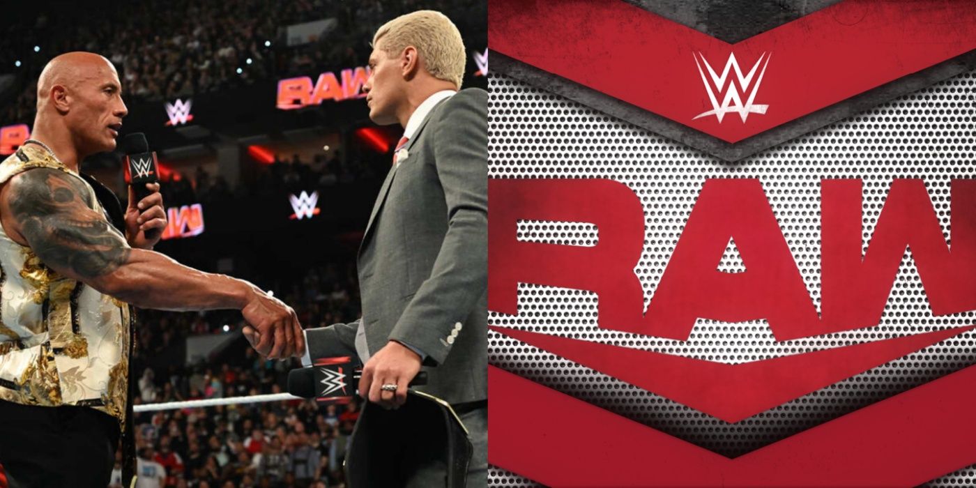 The Rock and Cody Rhodes in a WWE ring, the Raw logo