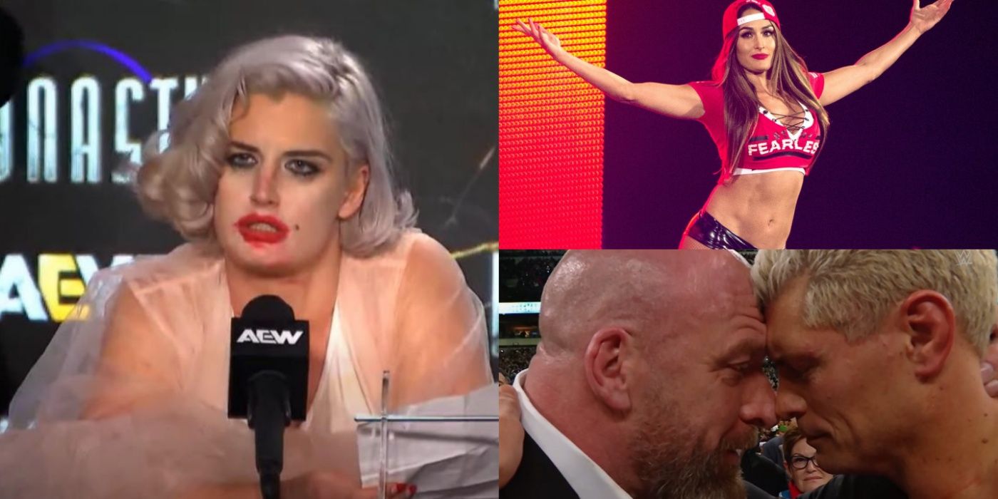 Toni Storm AEW Dynasty press conference, Nikki Bella WWE entrance, Triple H and Cody Rhodes hugging at WrestleMania 40