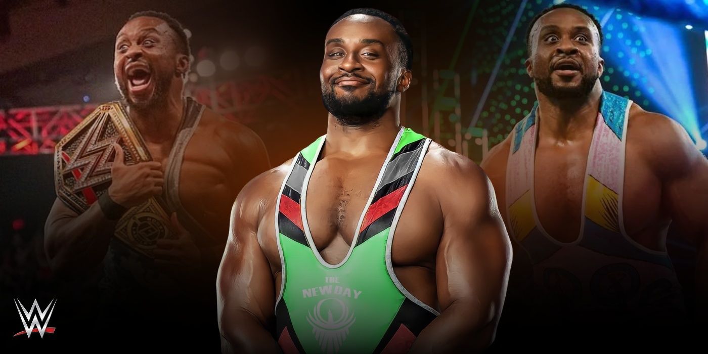 Three photo collage of Big E in WWE
