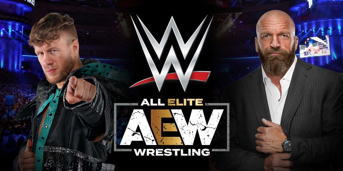 Will Ospreay and Triple H, the WWE and AEW logos
