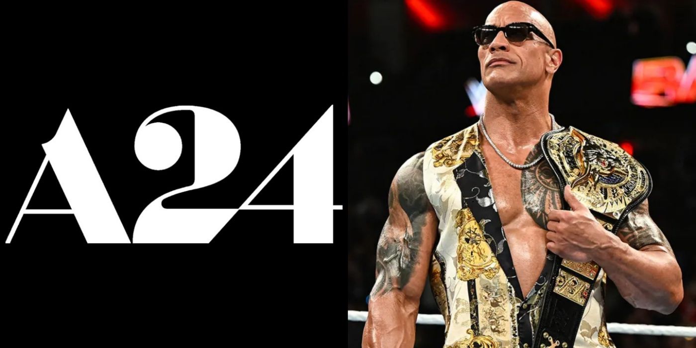 The A24 logo and The Rock holding The People's Championship belt