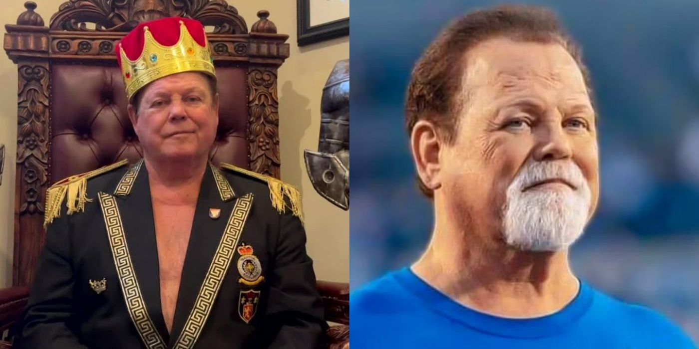 Jerry Lawler sitting on a throne and with a white goatee