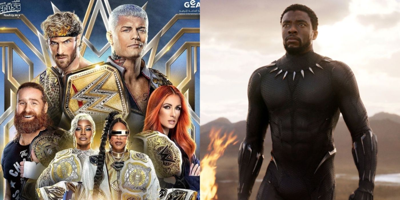 wwe's king and queen of the ring poster, and chadwick boseman in black panther