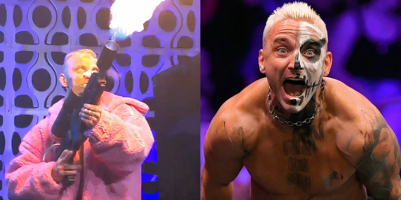 darby allin with a flamethrower, and looking down the camera