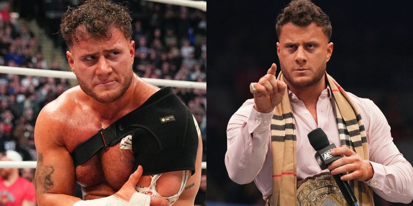 MJF with injured shoulder and giving promo as AEW World Champion