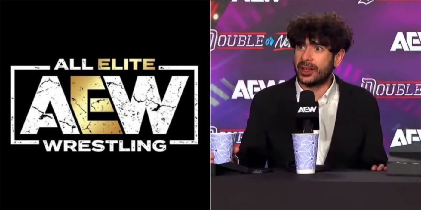 The AEW logo and Tony Khan at the Double or Nothing media scrum