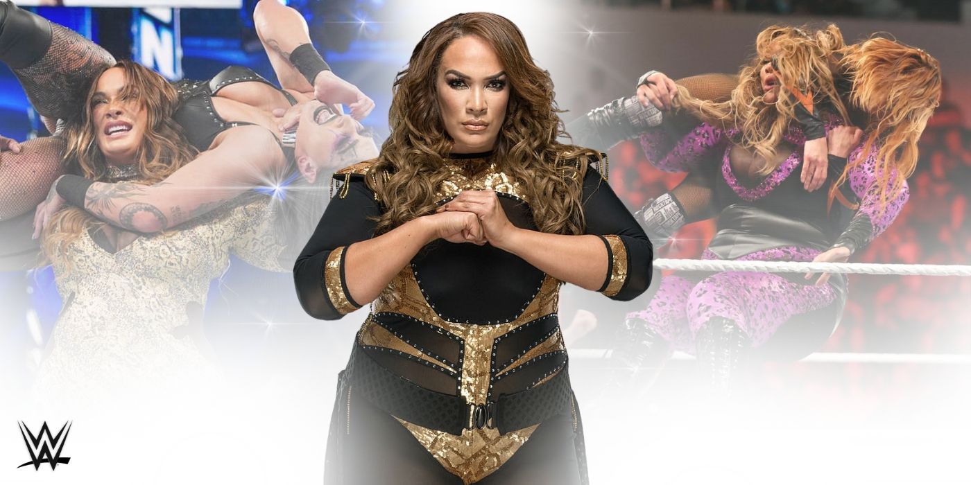 Nia Jax posing and in WWE matches with Rhea Ripley and Becky Lynch